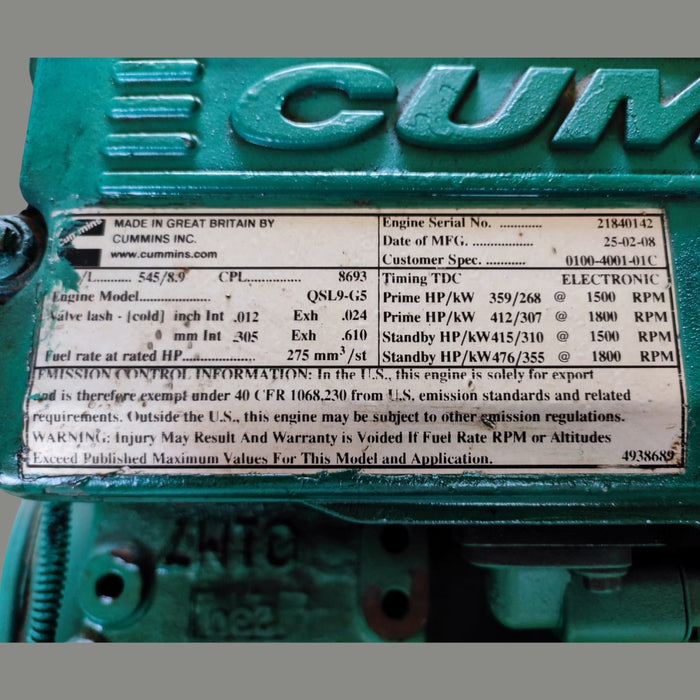 Cummins Diesel Engine QSL9-G5 300KVA 1500rpm