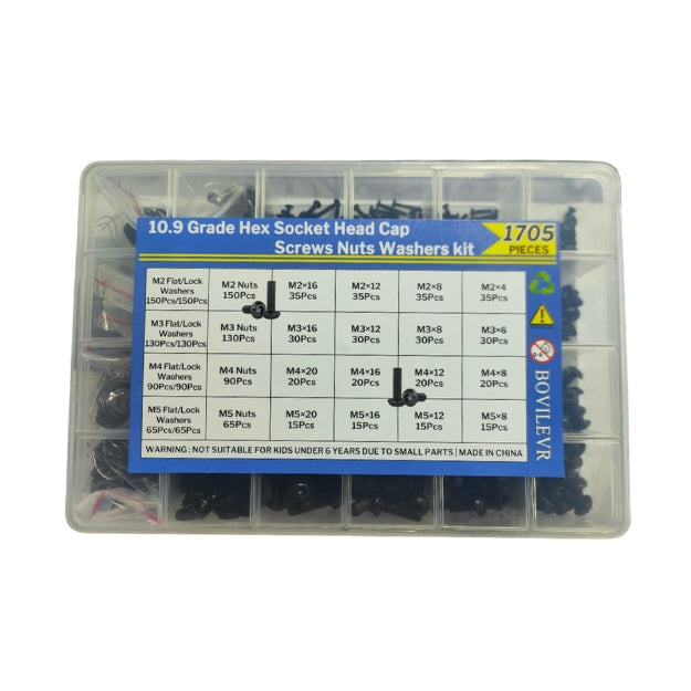 1705 Pcs M2 M3 M4 M5 Hex Socket Head Cap Screws, Nuts & Washers Kit
